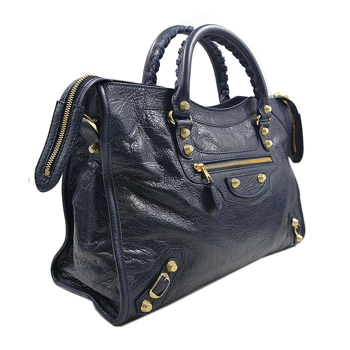 balenciaga/巴黎世家 蓝色女士city系列羊皮金钉机车包 手提包 两用包